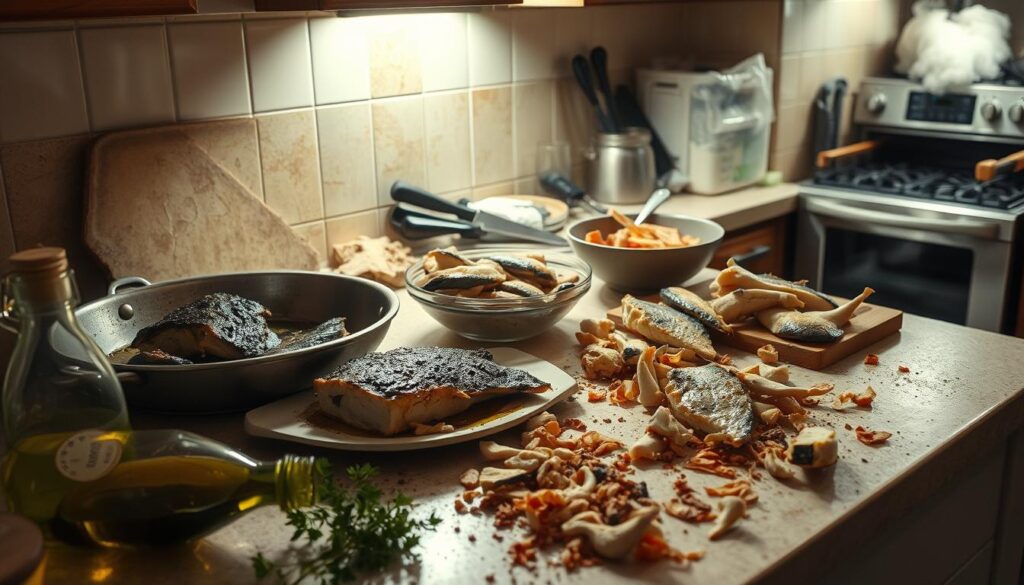 A cluttered kitchen counter with various cooking mishaps involving codfish: a pan with blackened, overcooked fillets, a bowl of mushy, waterlogged fish, and a cutting board littered with bones and skin scraps. Bright overhead lighting casts harsh shadows, conveying a sense of culinary disaster. In the foreground, a spilled bottle of olive oil and a wilted bunch of herbs add to the disorganized scene. In the background, an oven with billowing smoke hints at further codfish-related mistakes. The overall mood is one of frustration and a lack of culinary expertise. Prompt by cohesiverecipes.