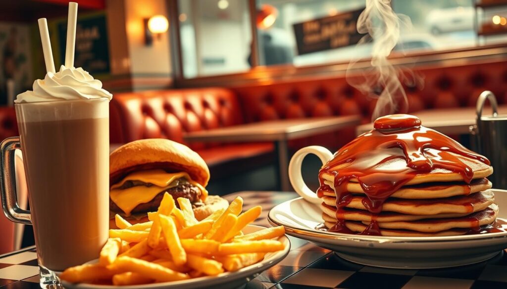 A cozy diner scene, bathed in warm, golden lighting. In the foreground, a classic milkshake with whipped cream, a cheeseburger oozing with melted cheese, and a hearty plate of crispy fries. In the middle ground, a stack of fluffy pancakes drizzled in maple syrup, accompanied by a steaming mug of rich, aromatic coffee. In the background, the diner's retro-inspired decor, with tufted leather booths, chrome accents, and a checkered tile floor, creating a nostalgic and inviting atmosphere. The overall scene evokes a sense of comfort, indulgence, and the timeless appeal of American diner cuisine.