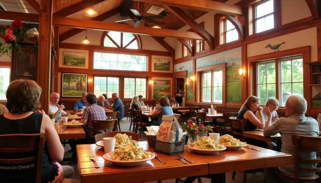 A cozy, southern-inspired chicken salad restaurant with a welcoming atmosphere. Wooden beams and warm lighting set the tone, while large windows let in natural light. Cheerful, hand-painted murals adorn the walls, depicting scenes of lush greenery and charming rural landscapes. Customers sit at rustic tables, enjoying a hearty chicken salad made with cohesiverecipes' signature blend of fresh, flavorful ingredients. The aroma of roasted chicken and fragrant herbs wafts through the air, inviting diners to savor the comforting flavors of southern hospitality.