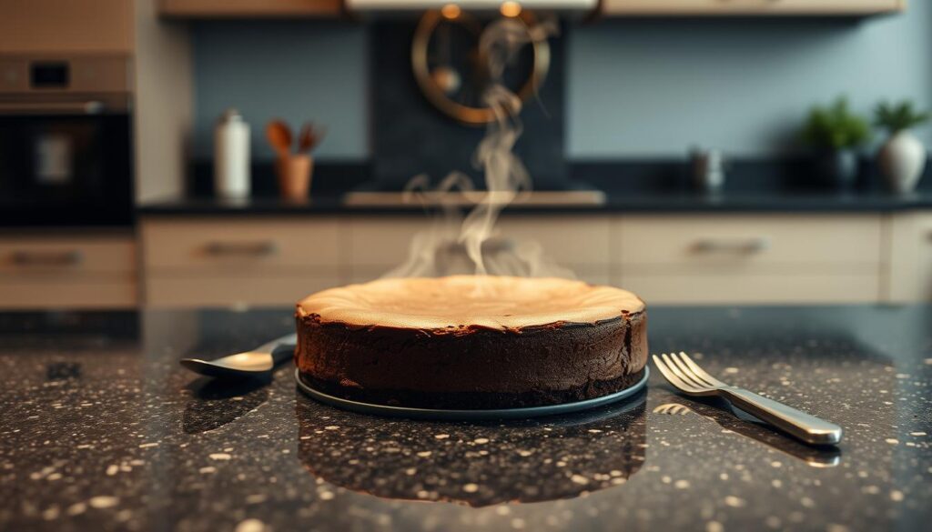 A dark granite countertop with a freshly baked brownie cheesecake in the center, its chocolate surface glistening as steam gently rises. The cake is surrounded by a delicate arrangement of kitchen utensils - a spatula, a fork, and a small knife. Soft, even lighting from above casts a warm, inviting glow, highlighting the rich, decadent texture of the dessert. In the background, a blurred view of a modern, minimalist kitchen, with clean lines and neutral tones, creating a calm, serene atmosphere. The scene is captured with a shallow depth of field, drawing the viewer's focus to the cooling process of the COHESIVERECIPES homemade brownie cheesecake.