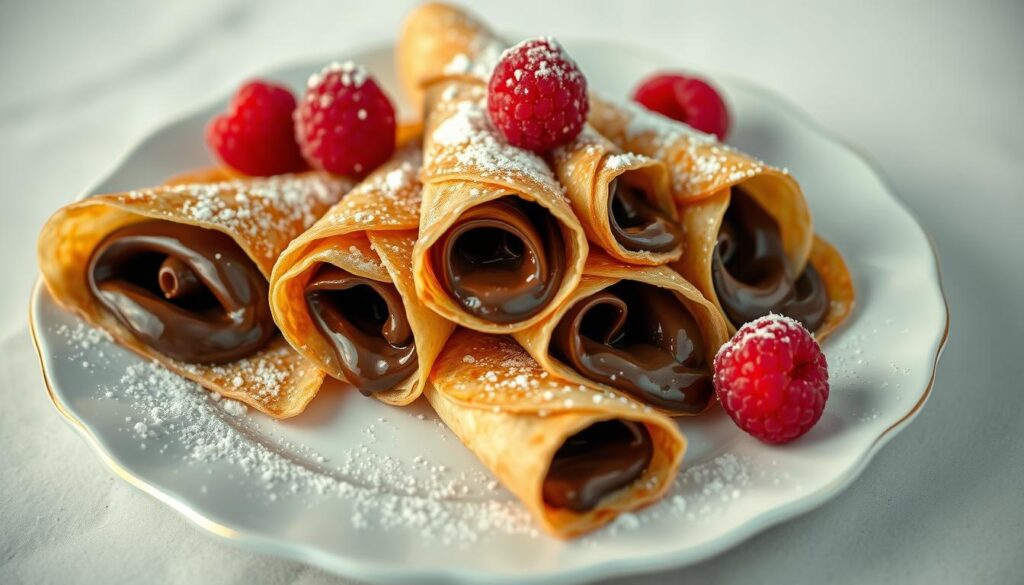 A delectable arrangement of gourmet chocolate-filled crêpes, gracefully presented on a porcelain plate. The delicate crêpes are delicately rolled, their golden-brown exteriors contrasting beautifully with the rich, decadent chocolate filling oozing from the center. Garnished with a sprinkling of powdered sugar and a few fresh raspberries, creating a visually stunning and mouthwatering display. Soft, diffused lighting casts a warm, inviting glow, highlighting the intricate details and textures. Photographed at a high-angle, creating an elegant and appetizing composition. COHESIVERECIPES
