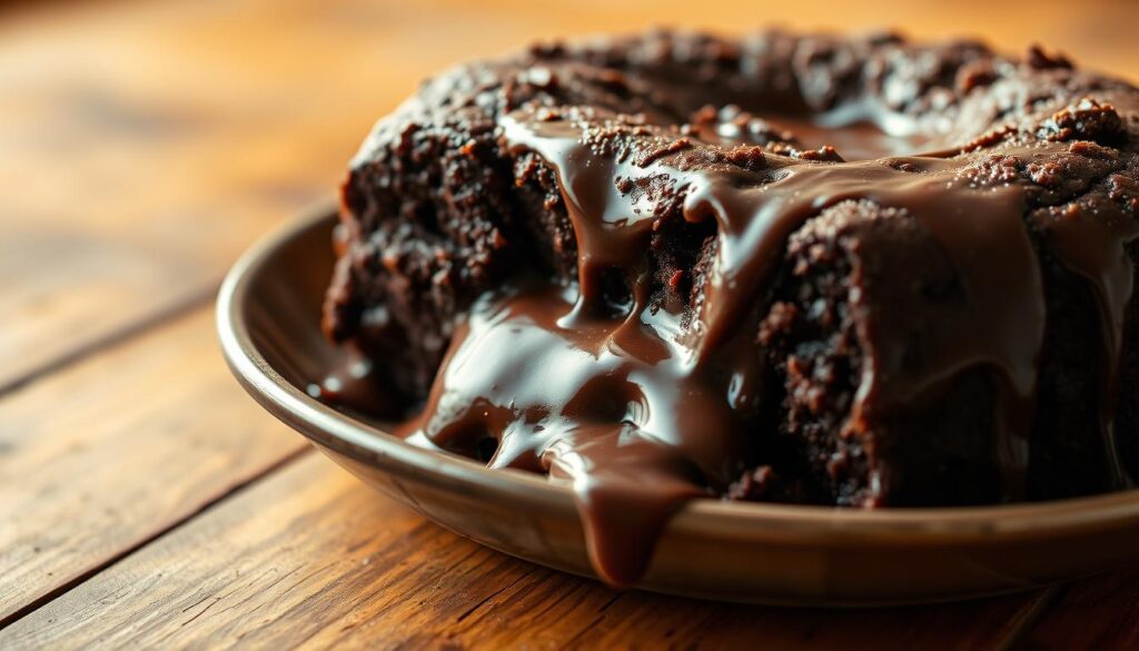 A delectable chocolate dump cake with a rich, gooey center, fresh from the oven, resting on a wooden table. Melted chocolate drizzles down the sides, creating an enticing contrast against the dark, moist cake. Warm vanilla scents waft through the air, inviting a closer look. Soft, golden lighting casts a cozy glow, highlighting the enticing textures and layers of this classic homemade treat. The rustic table setting evokes a sense of comfort and homemade goodness, perfect for capturing the essence of this irresistible chocolate dump cake recipe.