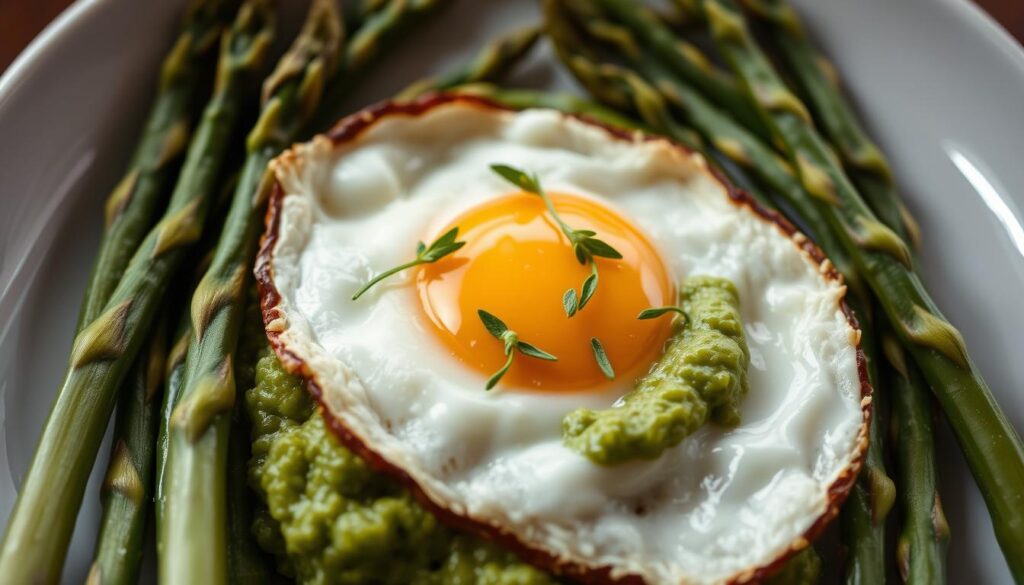 A delicate arrangement of crisp asparagus spears, a perfectly cooked fried egg, and a vibrant arugula puree, captured in a soft, natural light. The scene evokes a sense of refined elegance, with a mix of textures and colors that invite the viewer to savor the flavors. The composition is balanced, with the asparagus spears framing the central egg and puree. COHESIVERECIPES