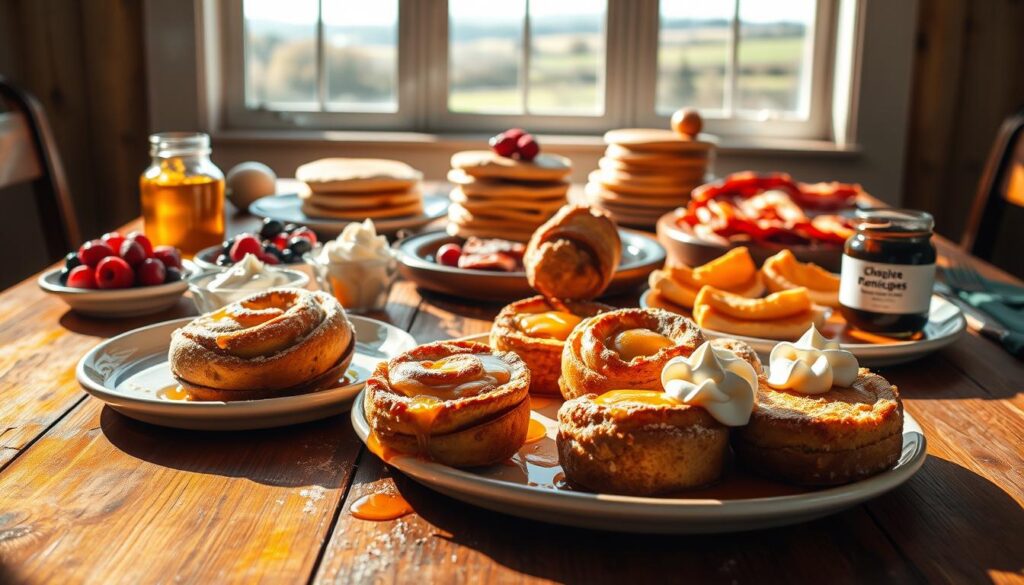 A delightful spread of sweet breakfast variations on a rustic wooden table, basking in warm, natural lighting. In the foreground, freshly baked cinnamon rolls and French toast bites, dusted with powdered sugar and drizzled with golden honey. Alongside, a variety of toppings and accompaniments, including fresh berries, maple syrup, whipped cream, and a cohesiverecipes-branded jar of homemade jam. In the middle ground, a stack of fluffy pancakes and a platter of crisp bacon. The background features a window overlooking a countryside scene, creating a cozy, inviting atmosphere.