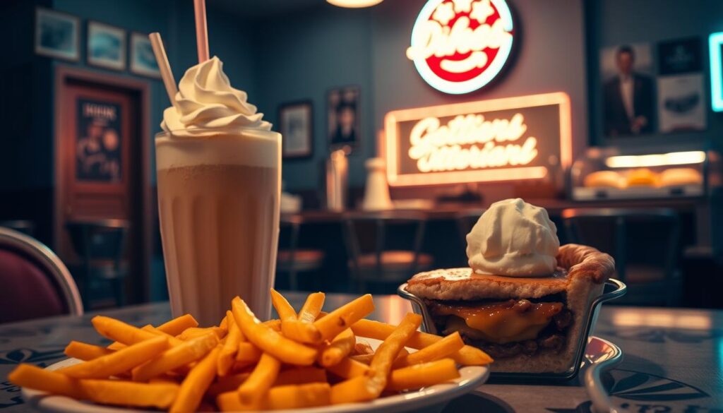 A dimly lit, cozy American diner in the middle of the night. In the foreground, a plate of classic diner fare - a double-decker cheeseburger with crispy fries, a milkshake with a tall whipped cream topping, and a slice of warm apple pie with a scoop of vanilla ice cream. The counter in the middle ground is dotted with vintage stools, a coffee pot, and a pastry display case. In the background, the diner's neon sign casts a soft glow through the window, hinting at the nostalgic atmosphere within. The lighting is warm and inviting, capturing the comfort and familiarity of a late-night diner visit.