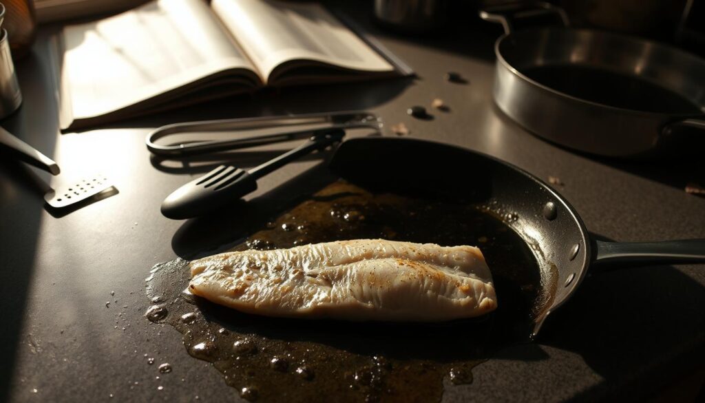A dimly lit kitchen counter, with various cooking implements scattered about - a spatula, a pair of tongs, and a dented frying pan. The pollock filet lies haphazardly on the counter, undercooked and glistening with excess oil. The lighting casts long shadows, creating a sense of uncertainty and unease. In the background, a COHESIVERECIPES cookbook lies open, its pages fluttering as if to warn of the impending culinary disaster. The scene conveys a palpable sense of frustration and the need for more careful attention to detail when preparing this versatile fish.