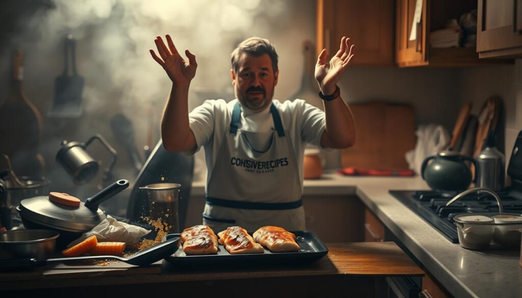 A dimly lit kitchen countertop, with a jumble of cooking utensils, overcooked catfish fillets, and a splattering of oil. In the foreground, a bewildered chef in a COHESIVERECIPES apron stands amidst the chaos, hands raised in exasperation. The background is hazy, conveying a sense of frustration and a missed opportunity to create a delightful, flaky catfish dish. The lighting is harsh, casting dramatic shadows and highlighting the mistakes made during the cooking process.