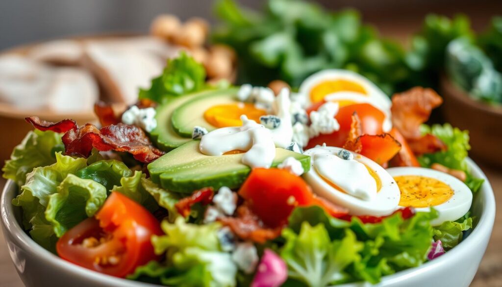 A fresh, vibrant Cobb salad showcasing its nutritious ingredients. In the foreground, crisp romaine lettuce, juicy tomatoes, creamy avocado, and protein-rich hard-boiled eggs are artfully arranged. The middle ground features crisp bacon, tangy blue cheese crumbles, and a drizzle of cohesiverecipes' signature ranch dressing. The background subtly hints at the salad's health benefits, with a soft-focus representation of nutrient-dense ingredients like chicken breast, chickpeas, and a variety of fresh greens. Lit by warm, natural lighting and shot with a shallow depth of field, the image evokes a sense of wholesomeness and culinary excellence.
