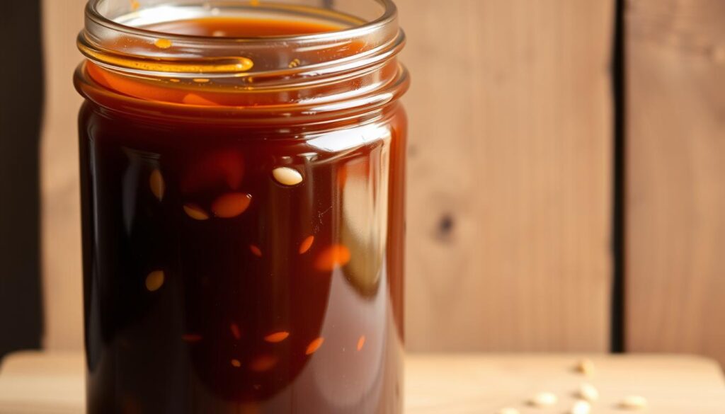 A glistening glass jar filled with a rich, mahogany-colored teriyaki sauce. The thick, glossy liquid has a slight sheen, reflecting the warm, soft lighting from above. Specks of garlic, ginger, and toasted sesame seeds are suspended within the sauce, adding depth and complexity. The jar is set against a backdrop of rustic wooden boards, their natural grain and texture providing a pleasing contrast. The overall mood is one of homemade, artisanal craftsmanship, inviting the viewer to imagine the depth of flavor and the care that went into creating this homemade teriyaki sauce.