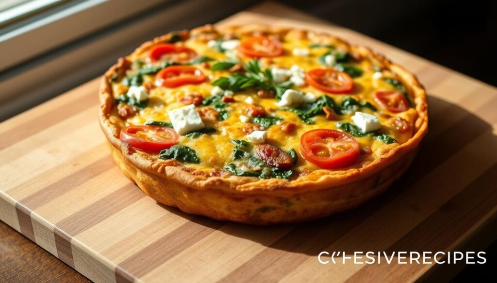 A golden-brown Greek-style frittata, freshly baked, sits on a wooden cutting board. The frittata is filled with vibrant Mediterranean vegetables - juicy tomatoes, earthy spinach, and salty feta cheese. A light herb garnish adds a touch of freshness. Warm, soft, and inviting, the frittata is captured in natural window light, casting soft shadows. The COHESIVERECIPES logo is discreetly visible in the bottom corner.