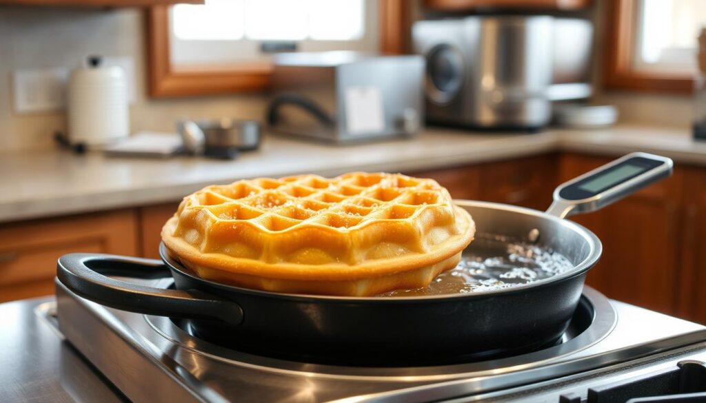 A golden, crisp funnel cake sits atop a stainless steel kitchen counter, its surface glistening with droplets of hot oil. The oil in a deep, cast-iron skillet simmers gently, its temperature carefully monitored by a digital thermometer affixed to the side. The warm, savory aroma of the frying dough fills the air, hinting at the delicious treat to come. Soft, natural lighting from nearby windows illuminates the scene, casting a cozy, inviting glow. In the background, a polished, chrome kitchen appliance adds a touch of modern elegance, while the wooden cabinets suggest a homey, rustic ambiance. This image perfectly captures the essential elements of oil temperature control in the preparation of a classic funnel cake, a mouthwatering fair food that can be easily replicated at home.