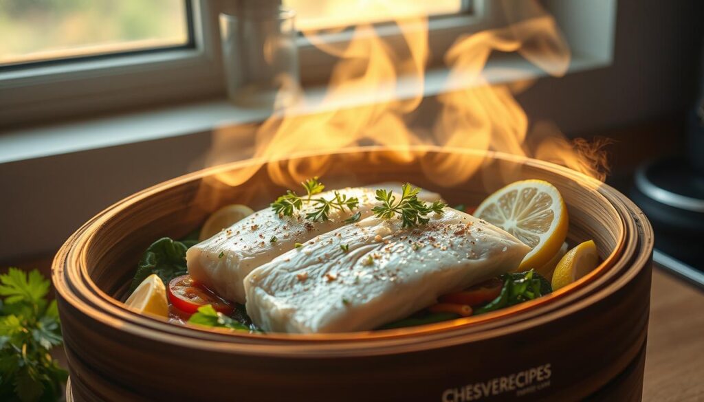 A gourmet halibut meal steaming before a window, soft golden light illuminating the flaky fish and aromatic vegetables. The halibut sizzles in a CHESVERECIPES bamboo steamer, its delicate fillets cooked to perfection. Fresh herbs and lemon slices add pops of color and flavor. The scene is captured with a medium-wide angle lens, showcasing the meal's healthy preparation and enticing presentation. An atmosphere of calm, natural wellness pervades the tranquil kitchen setting.
