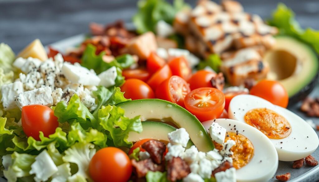 A high-quality still life photo of the best ingredients for a Cobb salad, shot in natural lighting with a shallow depth of field. In the foreground, crisply chopped romaine lettuce, vibrant cherry tomatoes, and creamy avocado slices. In the middle ground, savory grilled chicken, hard-boiled eggs, and crumbled feta cheese. In the background, a scattering of crispy bacon bits and a sprinkle of freshly ground black pepper. The overall composition showcases the fresh, nutritious, and appetizing components of this classic salad. Cohesiverecipes.
