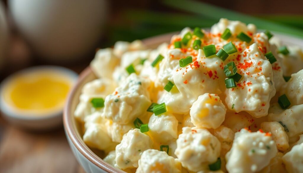 A homemade bowl of creamy, fluffy egg salad, garnished with freshly chopped chives and a sprinkle of paprika. The soft-boiled eggs are coated in a rich, tangy mayonnaise-based dressing, accented with a hint of Dijon mustard and lemon juice. Captured in soft, natural lighting that casts a warm, inviting glow, highlighting the vibrant colors and textures of the homemade dish. The composition places the egg salad in the foreground, with a blurred background suggesting a simple, rustic kitchen setting. This image conveys the homemade, artisanal quality of the recipe, emphasizing why it surpasses the generic, store-bought versions.