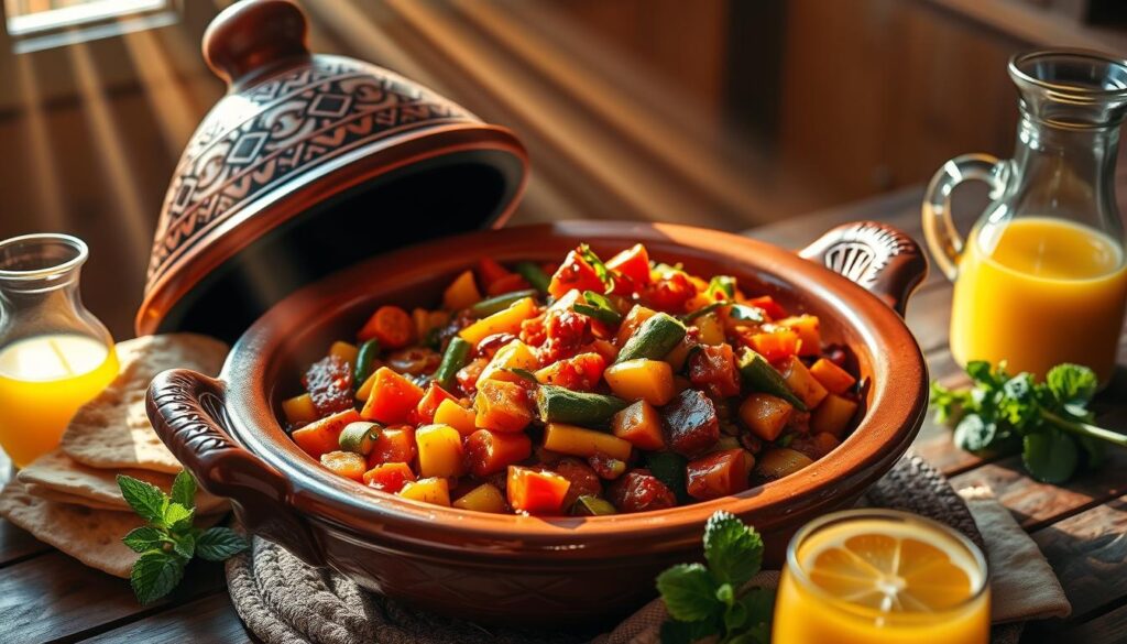 A large, ornate Moroccan ceramic tagine dish filled with a vibrant, aromatic vegetable stew - carrots, zucchini, bell peppers, and onions, slow-cooked in a rich, fragrant sauce of tomatoes, spices, and herbs. Rays of warm, golden light illuminate the dish, casting a soft, inviting glow. The tagine is set atop a simple, rustic wooden table, surrounded by fresh flatbread, fresh mint sprigs, and a carafe of freshly squeezed orange juice. COHESIVERECIPES