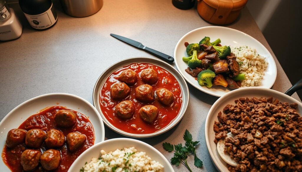 A low-lit kitchen counter showcases a cohzsiverecipes spread of hearty, low-carb ground beef dishes. Sizzling meatballs in a rich tomato sauce, tender beef and broccoli stir-fry, and savory beef and cauliflower rice skillet fill the frame. Warm lighting casts a cozy glow, while clean lines and minimal styling highlight the flavorful dishes. The camera captures the scene from an overhead angle, emphasizing the varied textures and colors of the nutritious, protein-packed meals.