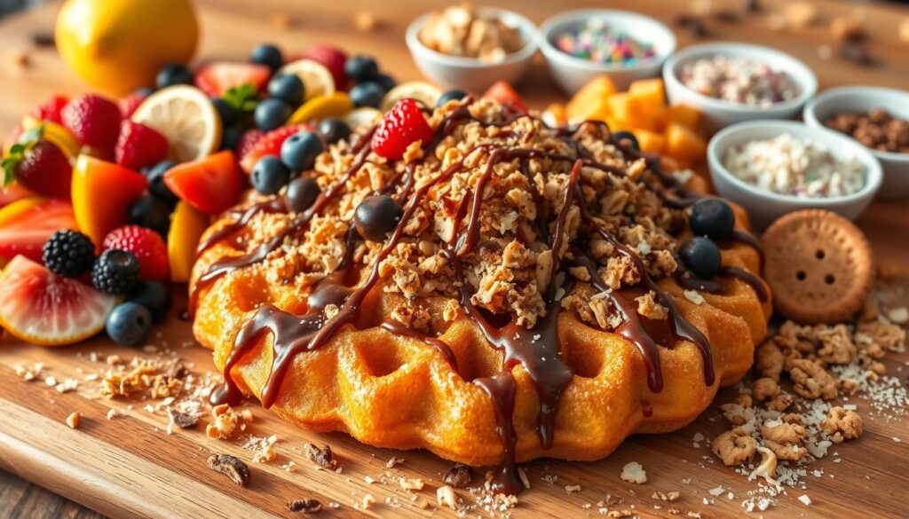 A lush, vibrant spread of creative funnel cake toppings arranged artfully on a wooden surface. In the foreground, a selection of fresh berries, sliced citrus, and drizzles of gooey chocolate and caramel sauces cascade across the golden, crisped funnel cake. The middle ground features a scattering of toasted coconut flakes, crushed nuts, and crumbled cookies, adding delightful textures. In the background, a array of small dishes hold sprinkles, powdered sugar, and other whimsical accents, ready to be sprinkled with abandon. The lighting is warm and natural, casting a cozy glow and highlighting the tempting details. The overall composition evokes a sense of playful indulgence, inspiring the viewer to get creative with their funnel cake toppings.