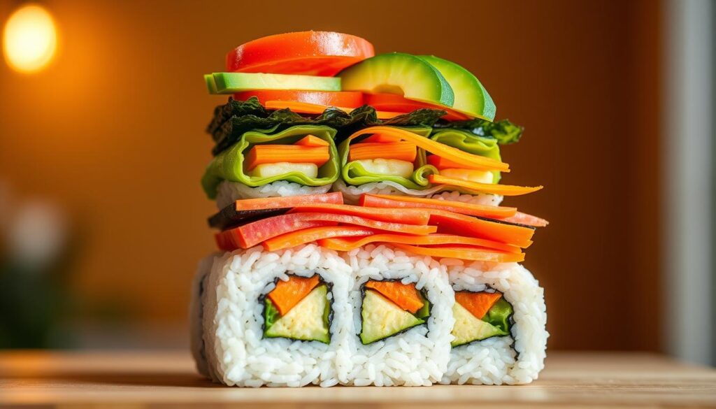 A meticulously arranged vegetarian sushi stack, brimming with an array of vibrant, freshly prepared ingredients. In the foreground, perfectly molded sushi rice forms the foundation, crowned with delicate slices of crisp cucumber, juicy tomato, and creamy avocado. The middle layer showcases a harmonious blend of inari pouches, thinly sliced carrots, and delicate sheets of nori, creating a visually striking pattern. The background is illuminated by soft, natural lighting, casting a warm, inviting glow and accentuating the textures and colors of the sushi stack. The overall composition exudes a sense of balance, creativity, and a celebration of plant-based culinary artistry.