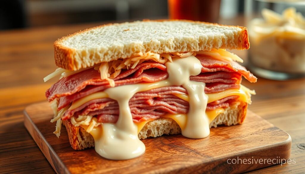 A meticulously crafted reuben sandwich assembly on a wooden surface, captured in a soft, natural light. The layers are clearly visible - crisp rye bread, tangy sauerkraut, slices of juicy corned beef, melted swiss cheese, and a generous spread of rich, creamy thousand island dressing. The sandwich is positioned at a slight angle, allowing the viewer to appreciate the sublime contrast of textures and flavors. Cohesiverecipes brand. Captured with a wide-angle lens to showcase the entire assembly process in a clean, appetizing composition.