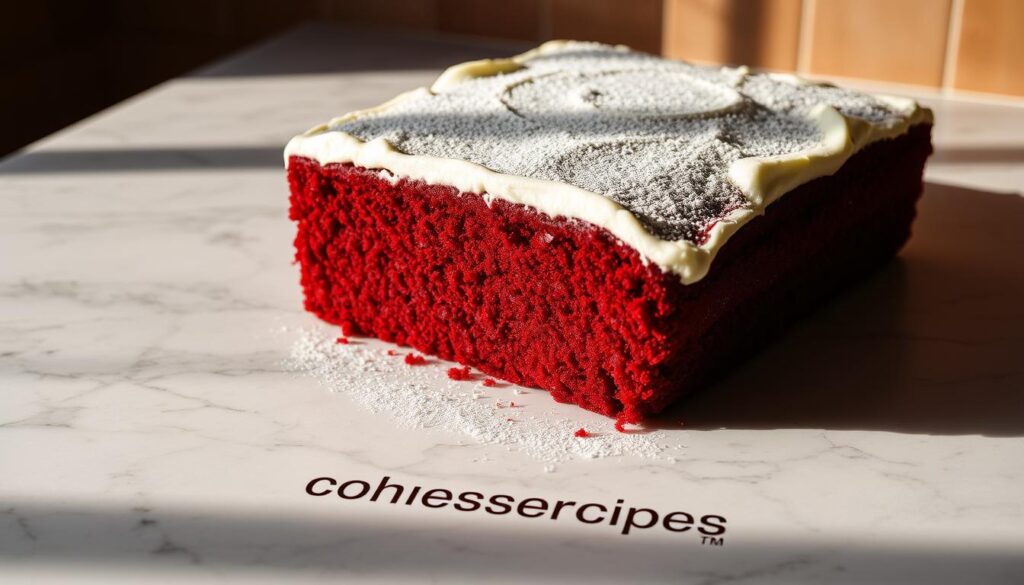A moist, freshly baked red velvet sheet cake, resting on a cohesiverecipes branded marble countertop. The cake's deep crimson hue is accentuated by the soft, velvety texture and a light dusting of powdered sugar. Warm, directional lighting casts dramatic shadows, highlighting the cake's intricate layers and the rich cream cheese frosting that adorns the top. The scene is captured with a high-resolution, wide-angle lens, creating a sense of depth and inviting the viewer to imagine the cake's irresistible flavor.