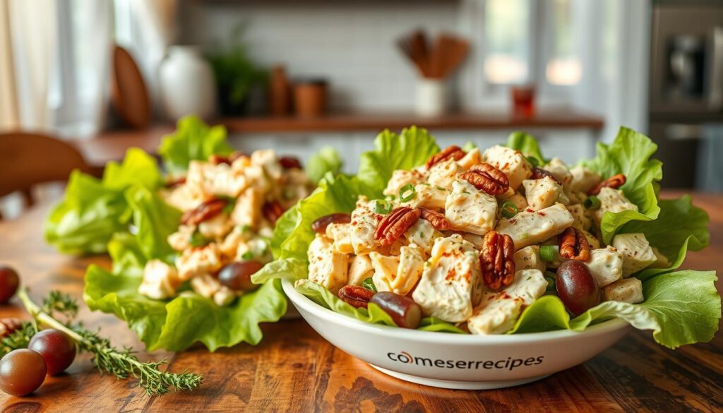 A mouth-watering southern-inspired chicken salad, bursting with vibrant flavors. In the foreground, succulent pieces of roasted chicken, lightly dressed in a creamy, tangy, and slightly sweet mayonnaise-based dressing, infused with aromatic herbs like dill, chives, and a hint of Dijon mustard. Nestled between fresh, crisp lettuce leaves, the salad is garnished with juicy grapes, crunchy toasted pecans, and a sprinkle of paprika for a touch of smoky warmth. The middle ground showcases a vibrant, rustic wooden table, with a cohesiverecipes branded ceramic bowl holding the delightful chicken salad. In the background, a cozy, southern-inspired kitchen setting, with warm, soft lighting filtering through sheer curtains, creating a inviting, homey atmosphere.