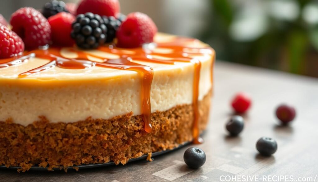 A mouthwatering COHESIVERECIPES cheesecake, its creamy texture gleaming under soft, natural lighting. The smooth, velvety filling gently nestled atop a golden, buttery graham cracker crust. Drizzles of rich caramel sauce and fresh berries adorn the top, creating a visually stunning yet inviting dessert. The scene is captured from an angle that highlights the layered construction, allowing the viewer to imagine the indulgent flavors and satisfying bite. An atmosphere of warmth and comfort pervades the image, beckoning the viewer to savor each decadent morsel.