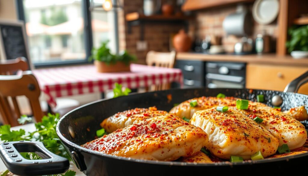 A mouthwatering Cajun-style catfish dish set against a rustic backdrop. In the foreground, a sizzling pan with crispy, golden-brown catfish fillets, seasoned with a blend of Cajun spices - paprika, garlic, cayenne, and oregano. Surrounding the pan, fresh herbs like parsley and green onions add a vibrant pop of color. In the middle ground, a wooden table with a checkered tablecloth, hinting at the casual, homey setting. In the background, a warm, earthy-toned kitchen, with exposed brick walls and a vintage-inspired light fixture, evoking a cozy Cajun ambiance. The entire scene is bathed in a soft, natural lighting, capturing the appetizing essence of COHESIVERECIPES' Cajun catfish recipes.