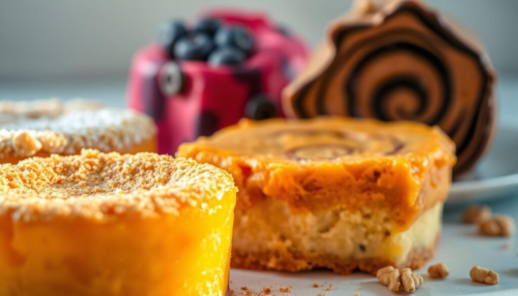 A mouthwatering array of dietary-friendly dump cake variations, captured in a soft, natural light. In the foreground, a delectable gluten-free apple dump cake topped with a crumbly almond-flour crust, its golden hues reflecting the warm ambiance. Beside it, a rich and creamy sugar-free pumpkin dump cake, its vibrant orange hue offset by a sprinkling of cinnamon. In the middle ground, a vegan berry dump cake, its vibrant purple hues complemented by a dusting of powdered coconut sugar. In the background, a luscious dairy-free chocolate-zucchini dump cake, its decadent chocolate swirls peeking through a layer of chopped walnuts. The scene is composed with a shallow depth of field, drawing the viewer's attention to the tantalizing textures and flavors of these dietary-friendly dessert options.