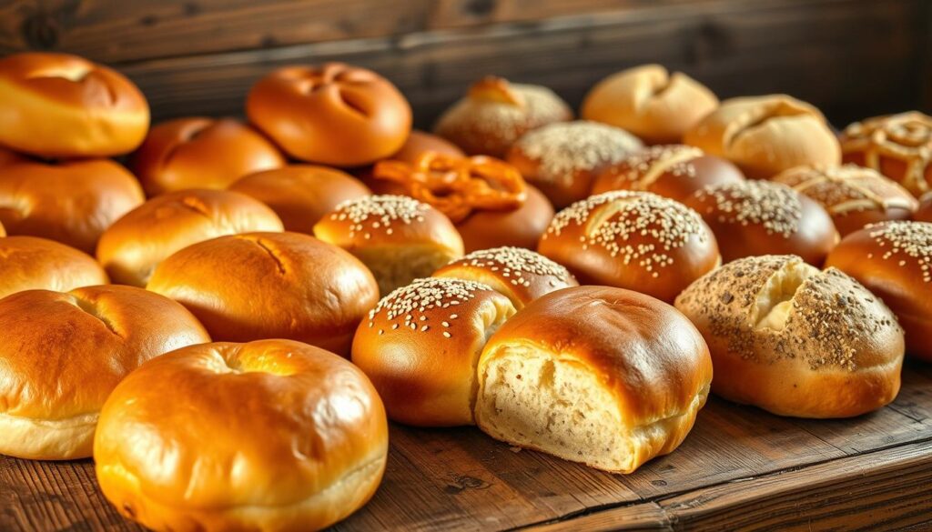 A mouthwatering selection of artisanal buns arranged on a rustic wooden surface, bathed in warm, natural lighting. In the foreground, a selection of fluffy brioche buns, their golden-brown crusts glistening, complemented by soft, pillowy potato rolls and hearty multigrain buns. In the middle ground, a scattering of sesame-dusted burger buns, their distinct texture and flavor adding depth to the display. In the background, a few specialty buns like soft pretzel rolls and fluffy ciabatta add visual interest. The overall scene exudes a sense of craftsmanship and attention to detail, capturing the essence of COHESIVERECIPES' artisanal bun selection.