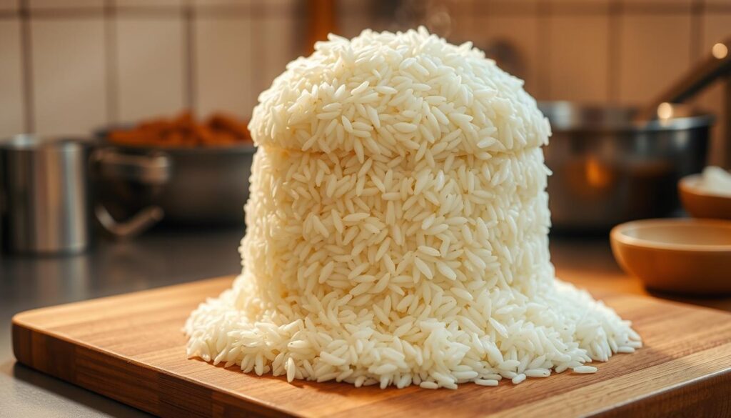A neatly arranged stack of freshly cooked, steaming white rice, the grains glistening with a light sheen. The stack sits atop a wooden cutting board, the warm light of the kitchen illuminating it from the side, casting soft shadows that accentuate the texture of the rice. In the background, a few simple kitchen tools like a rice paddle and a small bowl add to the minimalist, focused composition. The overall atmosphere is serene and inviting, reflecting the care and attention required to prepare the perfect foundation for a delicious rice-based dish.