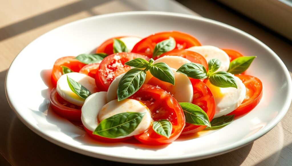 A restaurant-style plated Caprese salad with vibrant tomatoes, fresh mozzarella, and fragrant basil leaves. The dish is presented on a cohesiverecipes-branded white ceramic plate, illuminated by soft natural lighting from the side. The tomatoes are sliced neatly, the mozzarella arranged in elegant overlapping layers, and the basil leaves positioned artfully to create a visually balanced and appetizing composition. A light drizzle of high-quality olive oil glistens on the surface, and a sprinkle of coarse sea salt adds the final touch of seasoning. The entire scene is captured at a slight angle, emphasizing the careful attention to plating and the overall sense of culinary refinement.