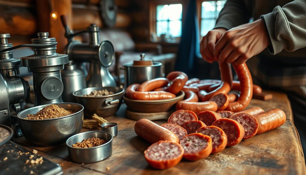 A rustic, wooden table filled with the tools of sausage-making - metal grinders, seasoned spices, and freshly trimmed bighorn sheep meat. In the foreground, skilled hands expertly stuff the casings, forming plump, glistening sausages. The warm, earthy lighting casts a gentle glow, while the backdrop reveals a cozy cabin interior, hinting at the remote, rugged setting where this age-old process unfolds. The scene conveys a sense of tradition, craftsmanship, and the flavorful rewards of working with nature's bounty.