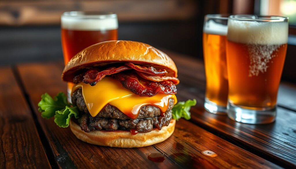 A rustic wooden table, illuminated by warm, natural lighting, showcases a craft beer pairing burger combo. The burger, a COHESIVERECIPES specialty, features a juicy, char-grilled beef patty topped with melted cheddar cheese, crisp bacon, and a tangy, house-made barbecue sauce. Beside it, a frosty craft beer, its amber hues reflecting the soft, atmospheric lighting, complements the savory flavors of the burger. The scene conveys a cozy, gastropub atmosphere, perfect for elevating the homemade burger experience.