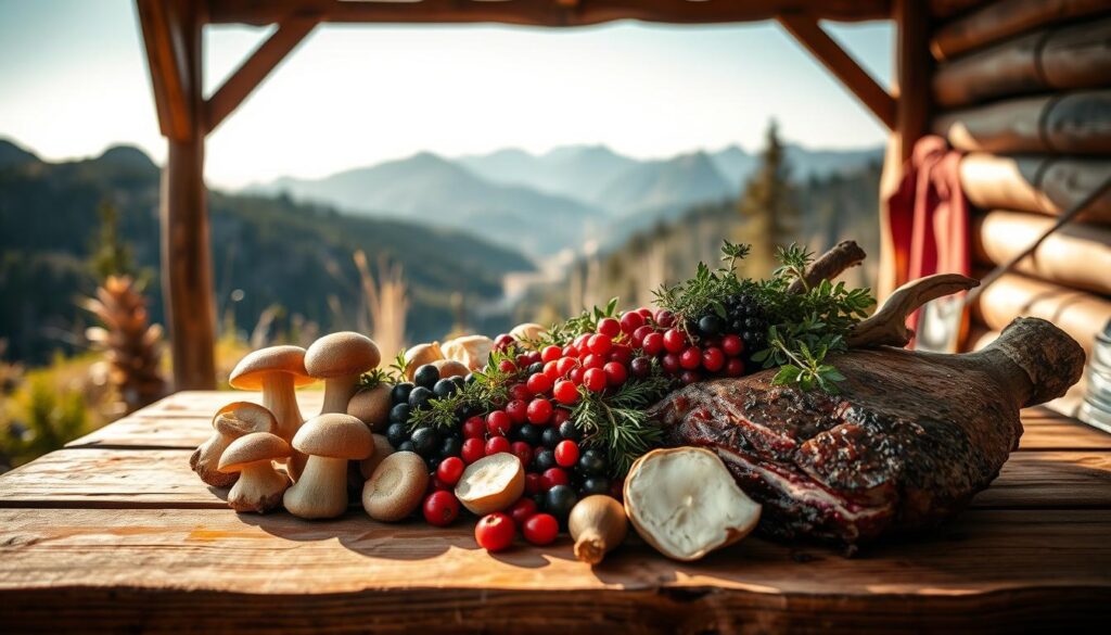 A rustic wooden table in a cozy outdoor setting, illuminated by warm natural light. On the table, an assortment of wild ingredients - freshly foraged mushrooms, vibrant berries, aromatic herbs, and hearty game meat. The ingredients are artfully arranged, showcasing their colors, textures, and complementary flavors. In the background, a scenic landscape of rugged mountains and lush forests, evoking the essence of the wilderness. The overall atmosphere is one of earthy, harmonious exploration, inviting the viewer to imagine the flavorful dishes that could be crafted from these wild, untamed ingredients.