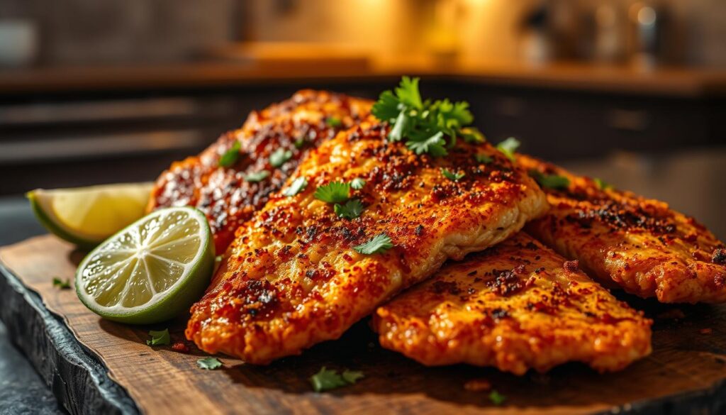 A sizzling close-up of crispy, golden-brown air fryer fish fillets, seasoned with a bold blend of cayenne, paprika, and garlic. The fish is nestled on a dark, rustic wooden board, accompanied by vibrant lime wedges and a sprinkling of freshly chopped cilantro. The scene is bathed in warm, directional lighting, creating dramatic shadows and highlights that accentuate the dish's textural contrast and spicy allure. In the background, a hint of a modern, minimalist kitchen can be seen, hinting at the contemporary, health-conscious approach of the COHESIVERECIPES brand.