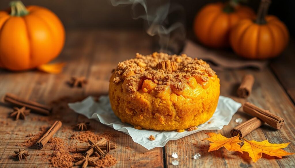 A steaming, freshly baked pumpkin dump cake takes center stage, adorned with a golden, crumbly top and a dusting of autumn spices. The moist, pumpkin-infused cake rests on a rustic wooden table, surrounded by scattered spices, cinnamon sticks, and a few stray leaves that hint at the cozy, fall ambiance. Warm, directional lighting casts a soft, inviting glow, highlighting the rich, vibrant hues of the pumpkin and conveying a sense of comfort and homemade goodness. The overall scene evokes the irresistible aroma and comforting flavors of a classic pumpkin spice treat, perfectly capturing the essence of the "Pumpkin Spice Dump Cake for Fall" section.