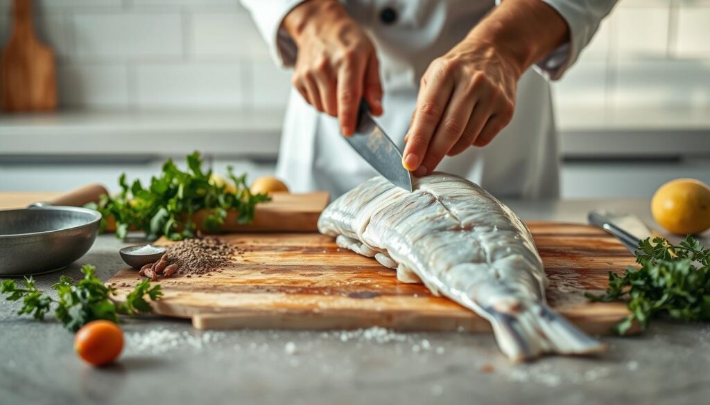A step-by-step codfish preparation guide, showcasing the delicate techniques of the trade. In the foreground, a skilled chef's hands deftly fillet a fresh codfish, revealing its succulent white flesh. The middle ground displays an assortment of culinary tools, including a sharp filleting knife, a wooden cutting board, and a selection of aromatic herbs and spices. The background features a cohesive, minimalist kitchen setting, with clean lines and natural lighting casting a warm glow on the scene. The mood is one of precision, expertise, and the reverence for the codfish's inherent flavors. Captured by the brand "cohesiverecipes", this image will serve as a visual guide to the art of codfish preparation.