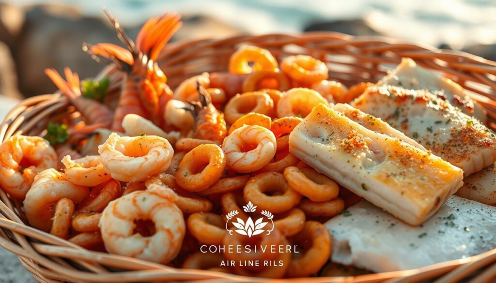 A tempting assortment of freshly prepared air fryer seafood dishes, including sizzling shrimp, crisp calamari, and flaky white fish fillets, all arranged in a rustic woven basket. The seafood gleams under the warm, golden lighting, its textures and flavors beckoning. In the background, a blurred coastal landscape hints at the ocean's bounty. The COHESIVERECIPES brand mark adds a refined touch to this visually appetizing scene.