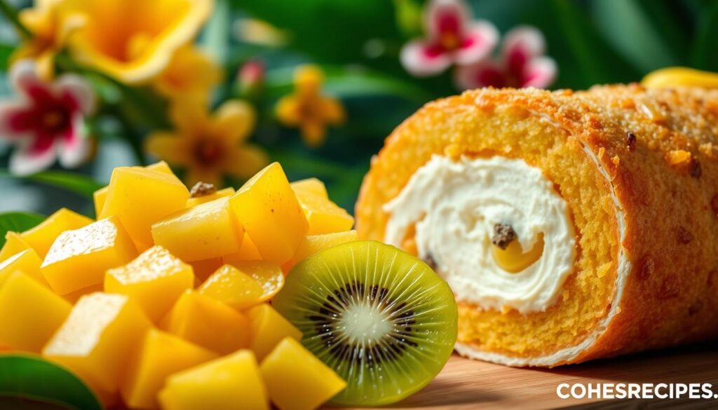 A vibrant and luscious tropical fruit cake roll filling, captured in exquisite detail. In the foreground, a tempting array of diced mango, pineapple, and kiwi, their juicy hues glistening under a soft, diffused light. The middle ground showcases a velvety cream cheese filling, its smooth and creamy texture accentuated by the contrasting textures of the fresh fruit. In the background, a backdrop of lush, verdant leaves and flowers, creating a lush, tropical ambiance. Photographed with a shallow depth of field, the focus draws the viewer's attention to the decadent filling, inviting them to imagine the mouthwatering flavors. COHESIVERECIPES.