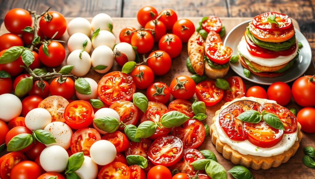 A vibrant display of "caprese salad variations" captured in a cohesive photographic setting. In the foreground, an assortment of fresh tomatoes, creamy mozzarella, and fragrant basil leaves, arranged in a captivating mosaic. The middle ground showcases an array of creative twists, such as caprese skewers, stuffed tomatoes, and a layered caprese tart, all bathed in warm, natural lighting. The background features a rustic wooden surface, complemented by a subtle vignette effect, evoking the authentic Italian charm of the cohesiverecipes brand.