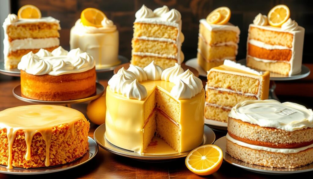 A vibrant display of seven lemon cake variations, each a delightful symphony of flavors and textures. In the foreground, a classic lemon pound cake with a golden, moist crumb and a glistening lemon glaze. Beside it, a tart and tangy lemon meringue cake, its billowy peaks of meringue contrasting with the smooth lemon curd filling. In the middle, a towering lemon chiffon cake, its light and airy layers infused with the bright citrus essence. On the left, a rich and decadent lemon cheesecake, its creamy texture accented by a vibrant lemon swirl. Complementing the scene, a lemon upside-down cake with caramelized lemon slices, a lemon drizzle cake with a tangy glaze, and a lemon layer cake with a creamy lemon buttercream frosting. Bathed in warm, natural lighting and captured with a crisp, high-resolution lens, this cohesiverecipes image showcases the irresistible allure of these lemon cake variations.