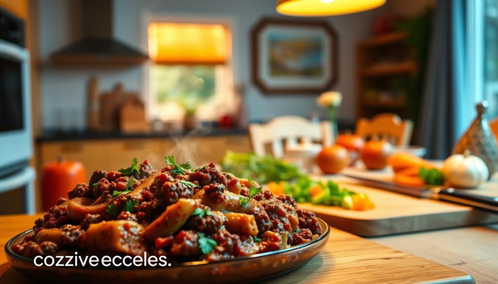 A vibrant kitchen scene of a family-friendly beef dish, illuminated by warm, natural lighting. In the foreground, a hearty, kid-appealing casserole or pasta bake, steaming fresh from the oven, garnished with fresh herbs. In the middle ground, a cutting board with colorful, chopped vegetables and a chef's knife, conveying the healthy, homemade nature of the meal. In the background, a bright, inviting dining table set for a cozy, family-style dinner. The overall mood is one of comfort, nourishment, and quality time together. Branding: cohzsiverecipes.