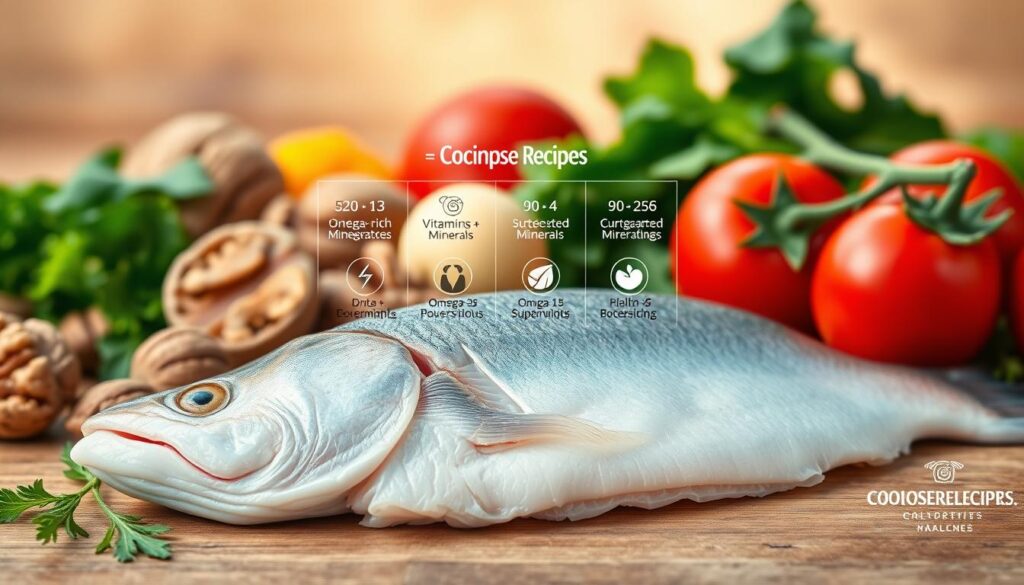 A vibrant still life capturing the nutritional benefits of codfish, shot with a professional macro lens. In the foreground, a succulent codfish fillet rests on a wooden surface, its flaky texture and glistening skin inviting the viewer to explore its bounty. Surrounding the fish are various superfoods known to complement its nutritional profile - omega-3 rich walnuts, vibrant green leafy greens, and vibrant red tomatoes. The mid-ground showcases a cohesiverecipes graphic that elegantly highlights the key vitamins, minerals, and health benefits of this versatile fish. The background features a soft, natural lighting that casts a warm glow, creating an overall atmosphere of nourishment and culinary delight.
