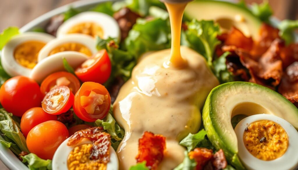 A visually appealing and appetizing classic Cobb salad dressing, captured in a high-resolution, close-up photograph. The dressing is drizzled over a bed of fresh greens, cherry tomatoes, hard-boiled eggs, avocado, and crispy bacon, showcasing the vibrant colors and textures of this iconic salad. The lighting is soft and natural, casting a warm glow on the scene. The composition emphasizes the creamy, tangy dressing as the star of the image, with the other ingredients framing it in a visually balanced and enticing way. Cohesiverecipes