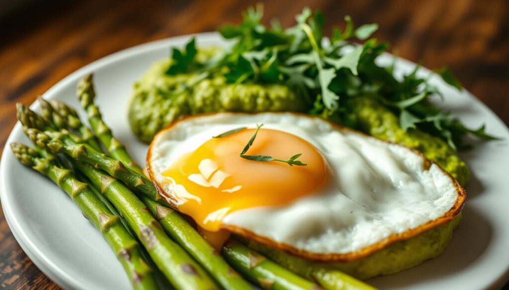 A visually appealing and nutritious vegetarian breakfast dish, captured in a natural and appetizing manner. In the foreground, delicate asparagus spears are arranged artfully, their bright green hues complemented by a perfectly cooked fried egg with a runny yolk. The middle ground features a vibrant green arugula puree, its creamy texture and subtle bitterness providing a flavorful counterpoint. The background is softly lit, casting a warm, inviting glow over the whole composition. Captured with a wide-angle lens to showcase the dish's harmonious elements, this COHESIVERECIPES image exudes a sense of wholesome, balanced nutrition.