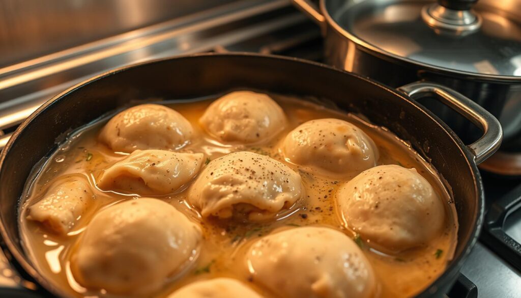 A warm and inviting stovetop scene of bubbling chicken and dumplings, simmering in a cast iron pan. The chicken is tender and juicy, the dumplings are fluffy and golden brown. Herbs and spices, like thyme and black pepper, add depth of flavor. Soft, diffused lighting casts a cozy glow, reflecting off the cast iron and stainless steel cookware. The scene is captured at a medium angle, highlighting the cohesiverecipes homemade comfort food.