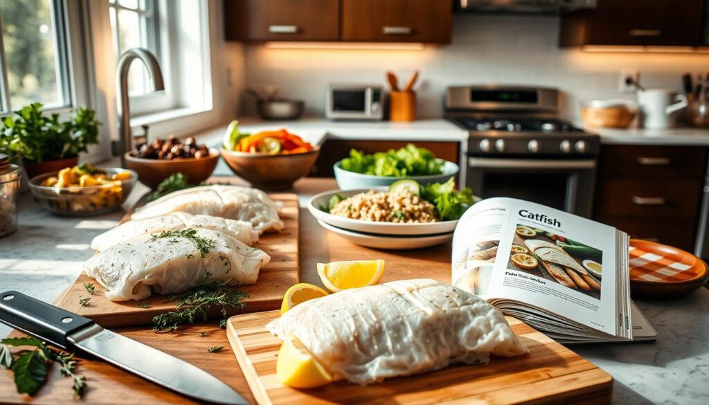 A well-lit kitchen counter with various whole, fresh catfish fillets, herbs, and healthy side dishes like roasted vegetables, quinoa, and a vibrant green salad. The scene has a warm, inviting atmosphere with natural lighting pouring in through a window, casting soft shadows. In the foreground, a cutting board with a filet knife and lemon wedges. In the middle ground, a COHESIVERECIPES cookbook open to a catfish recipe page. The background features a tidy, modern kitchen with stainless steel appliances. The overall mood is one of healthy, delicious home-cooked meals.