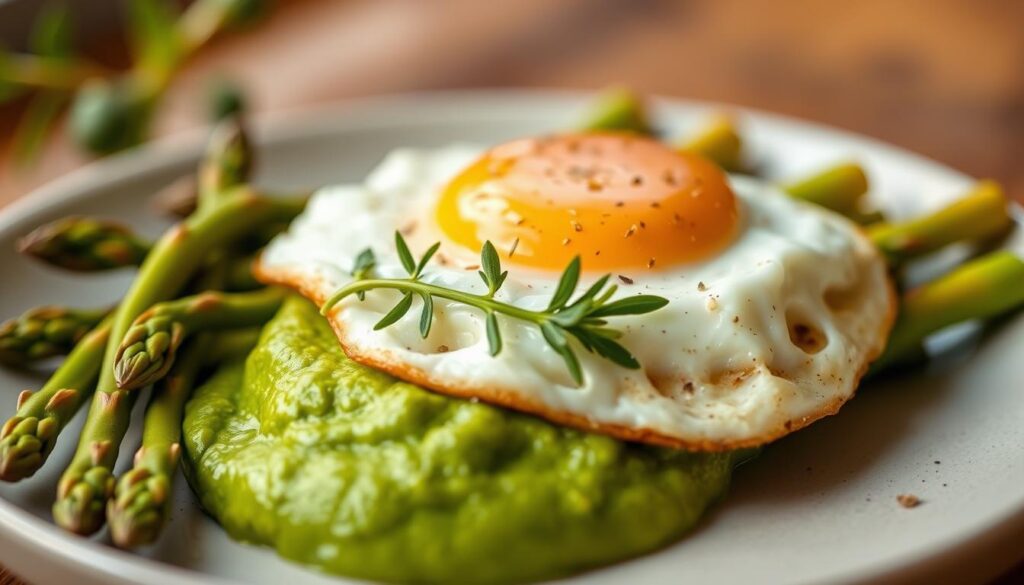 Asparagus with fried egg and arugula puree