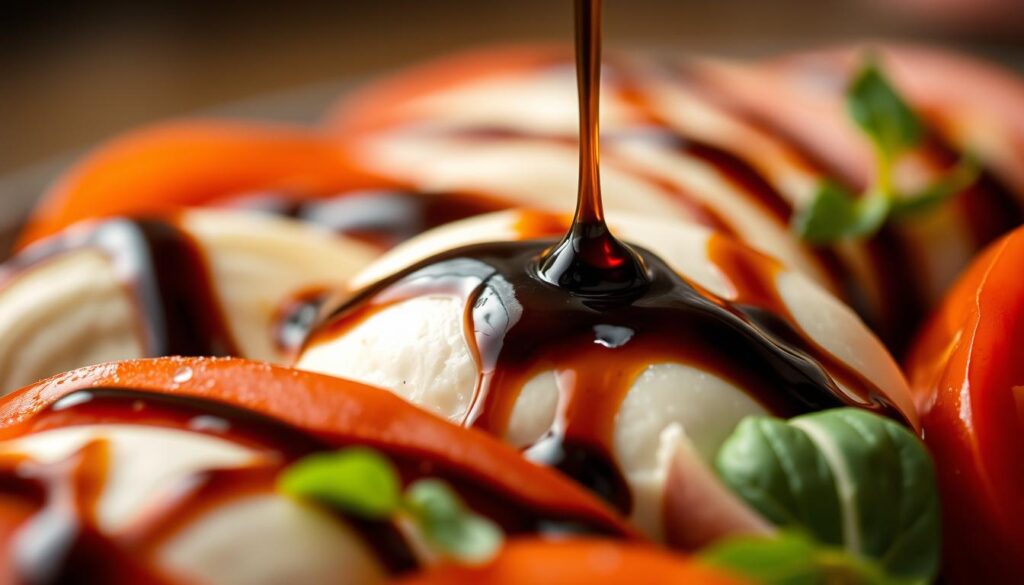 Balsamic glaze caprese drizzle technique - a cohesiverecipes production. Glistening swirls of rich, viscous balsamic glaze caress the surface of ripe tomatoes and creamy mozzarella. Captured in soft, directional lighting, the glaze flows gracefully, accentuating the vibrant colors and textures of the classic caprese salad. A high-resolution, cinematic angle showcases the masterful execution of this essential dressing technique, with a shallow depth of field that draws the viewer's eye to the captivating interplay of flavors. Carefully crafted to elevate the humble caprese into a culinary work of art.