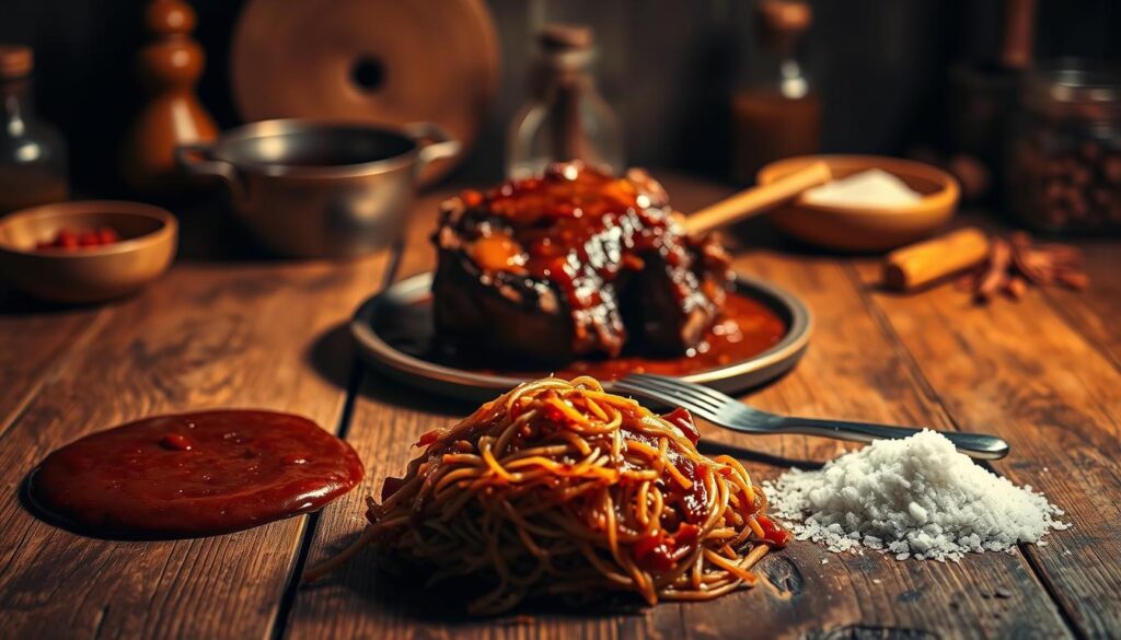 Braised oxtail dish on a rustic wooden table, with common cooking mistakes depicted around it. Dimly lit with warm, golden tones, a single spotlight illuminates the central dish, highlighting its rich, glossy texture. In the foreground, a pool of overcooked sauce, a pile of tough, stringy oxtail, and a pile of salt crystals represent common pitfalls. In the middle ground, a knife and fork are positioned, suggesting the ideal plating and presentation. In the background, blurred kitchen tools and spices allude to the complex preparation process. The overall mood is one of contemplation and learning, inviting the viewer to discover the secrets to a perfectly braised oxtail dish. Cohesiverecipes.